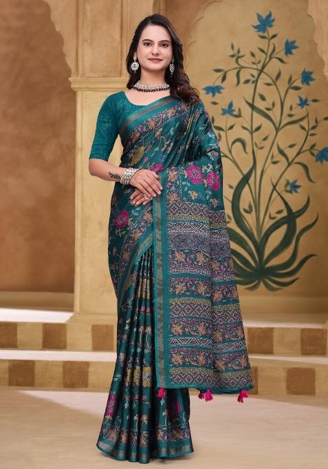Teal Green Printed Cotton Saree Set