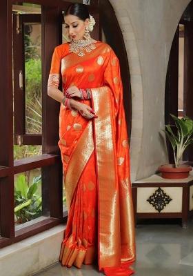 Orange Jacquard Silk Blend Saree Set