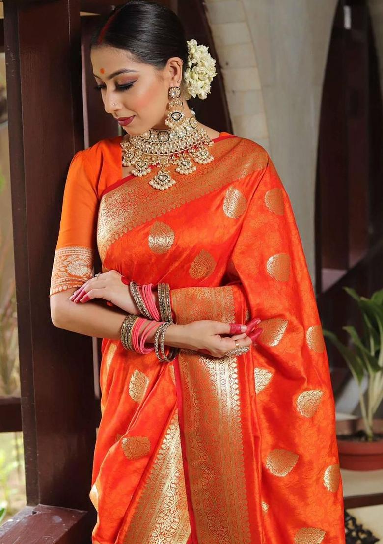 Orange Jacquard Silk Blend Saree Set - Indya