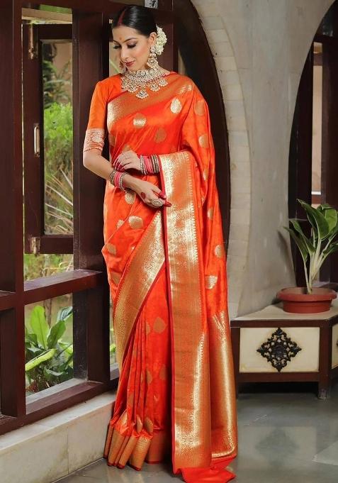 Orange Jacquard Silk Blend Saree Set