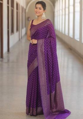 Purple Jacquard Silk Blend Saree Set