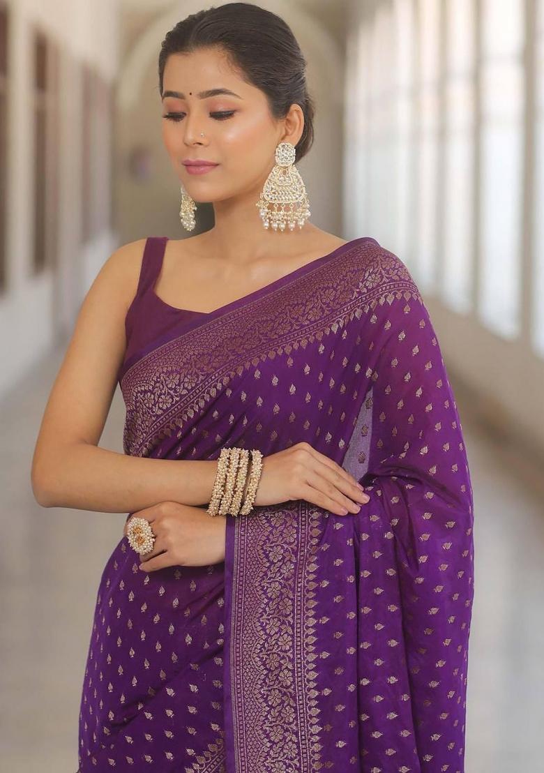 Purple Jacquard Silk Blend Saree Set - Indya