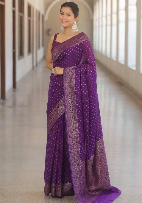 Purple Jacquard Silk Blend Saree Set