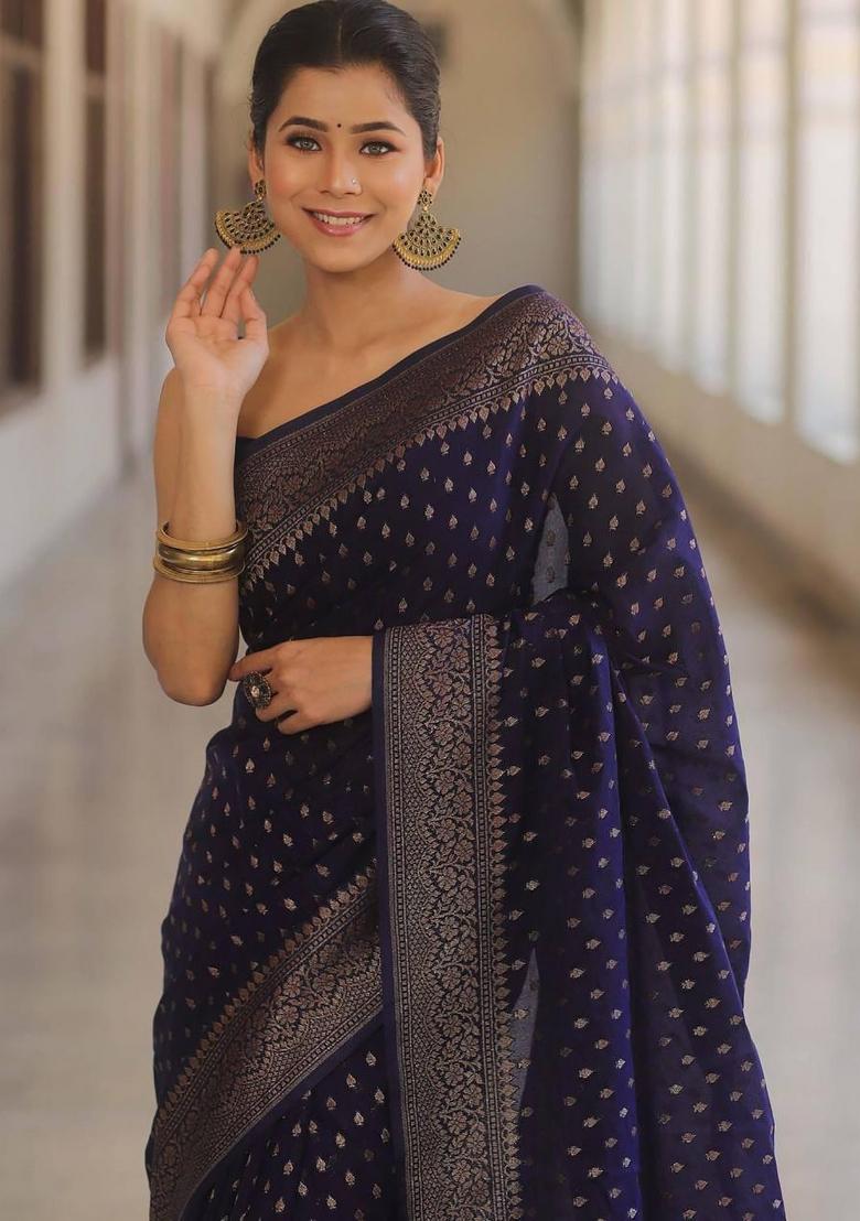 Navy Blue Jacquard Silk Blend Saree Set - Indya