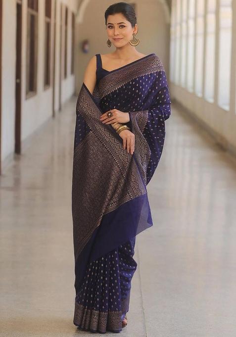 Navy Blue Jacquard Silk Saree Set