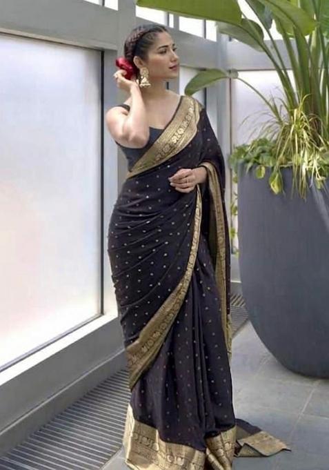 Black Jacquard Silk Blend Saree Set