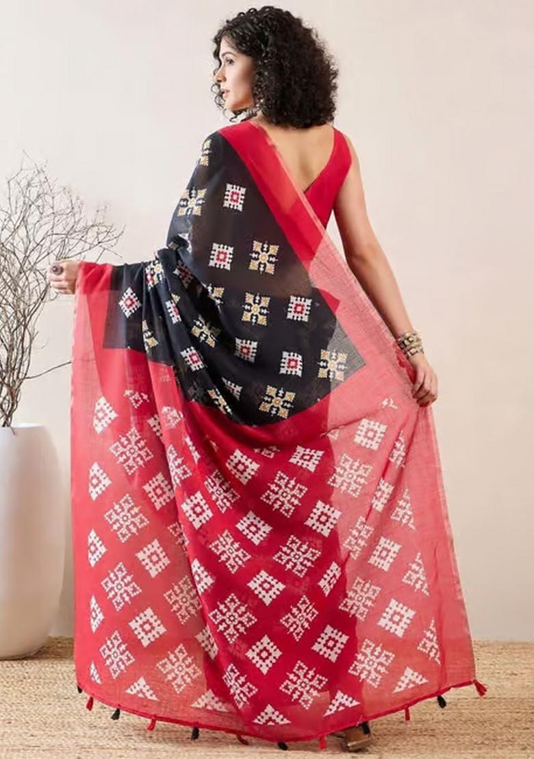 Black Printed Linen Saree Set - Indya