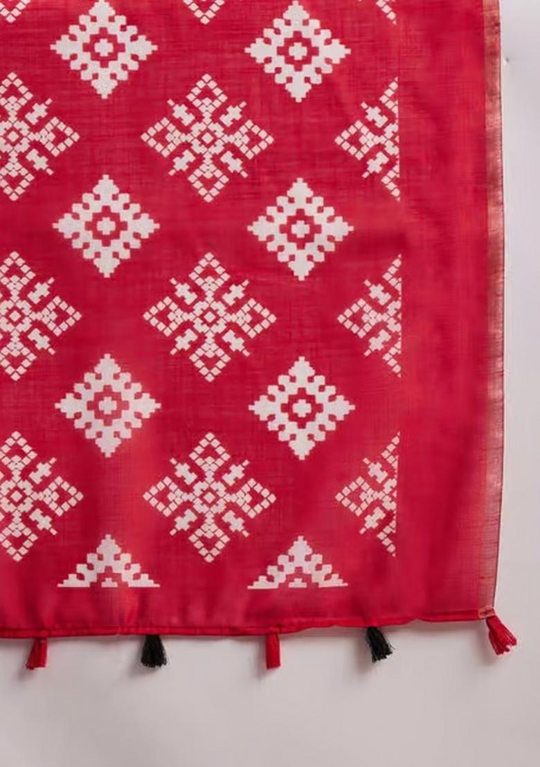 Black Printed Linen Saree Set - Indya