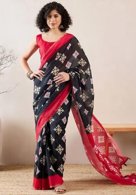 Black Printed Linen Saree Set