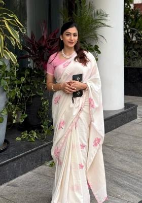 Off White Printed Linen Saree Set