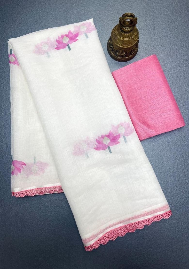 Off White Printed Linen Saree Set - Indya