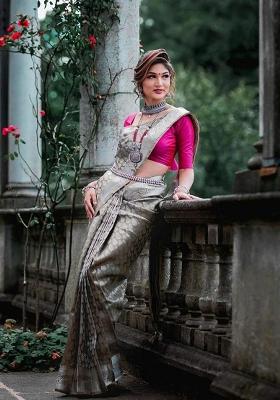 Grey Jacquard Silk Blend Saree Set