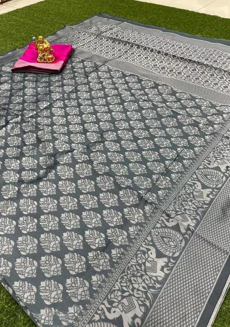 Grey Jacquard Silk Blend Saree Set - Indya