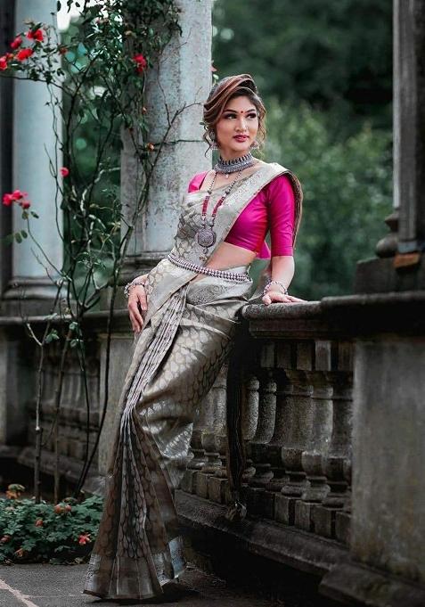 Grey Jacquard Silk Saree Set