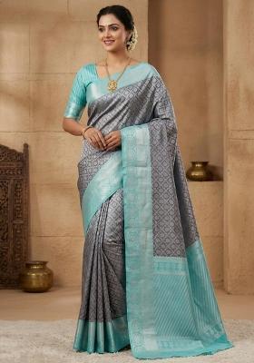 Grey Jacquard Silk Blend Saree Set