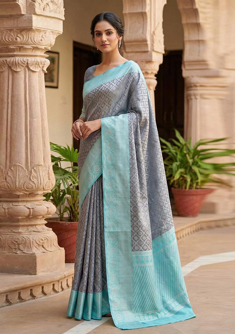 Grey Jacquard Silk Blend Saree Set - Indya