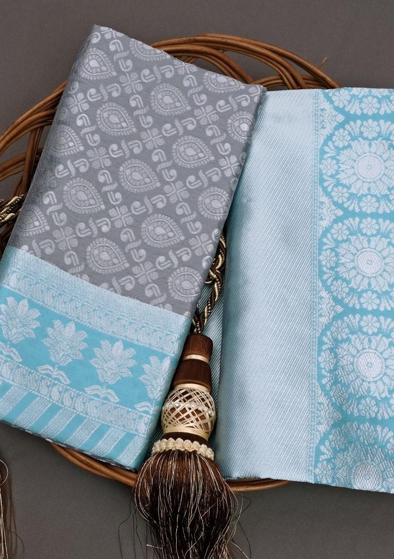 Grey Jacquard Silk Blend Saree Set - Indya