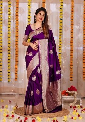 Purple Jacquard Silk Blend Saree Set