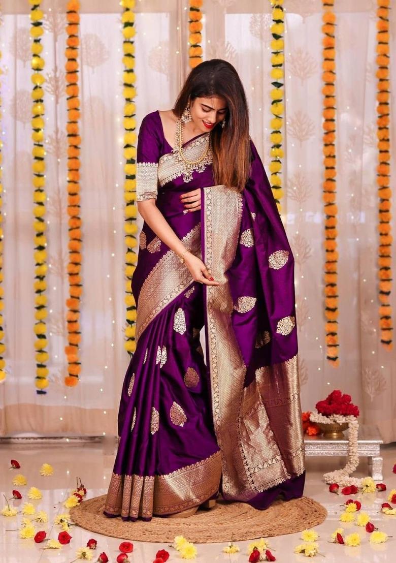 Purple Jacquard Silk Blend Saree Set - Indya