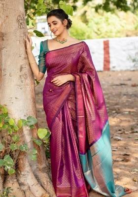 Magenta Jacquard Silk Blend Saree Set