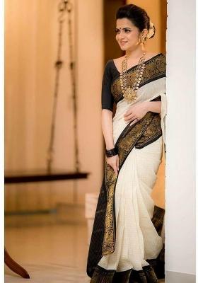 Cream Jacquard Silk Blend Saree Set