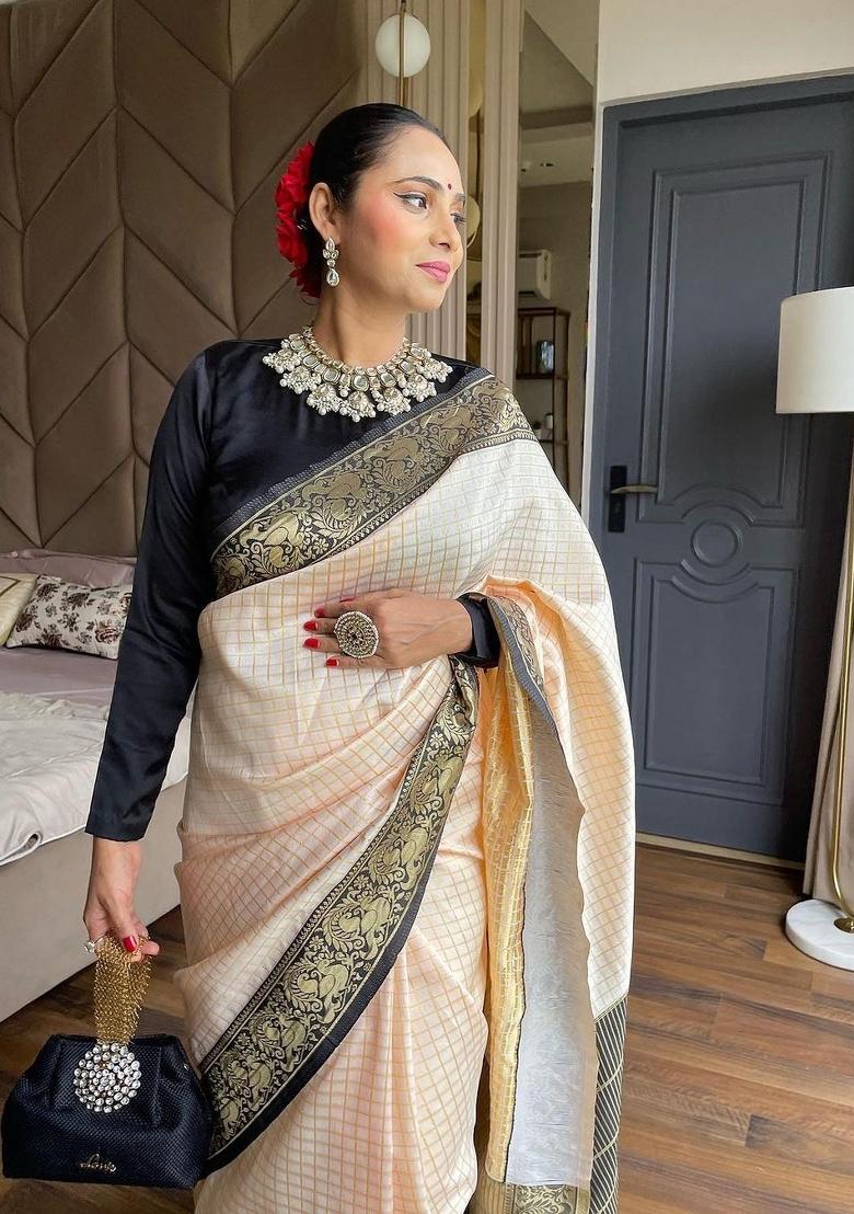 Cream Jacquard Silk Blend Saree Set - Indya