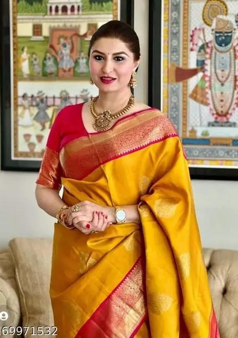 Mustard Jacquard Silk Blend Saree Set - Indya