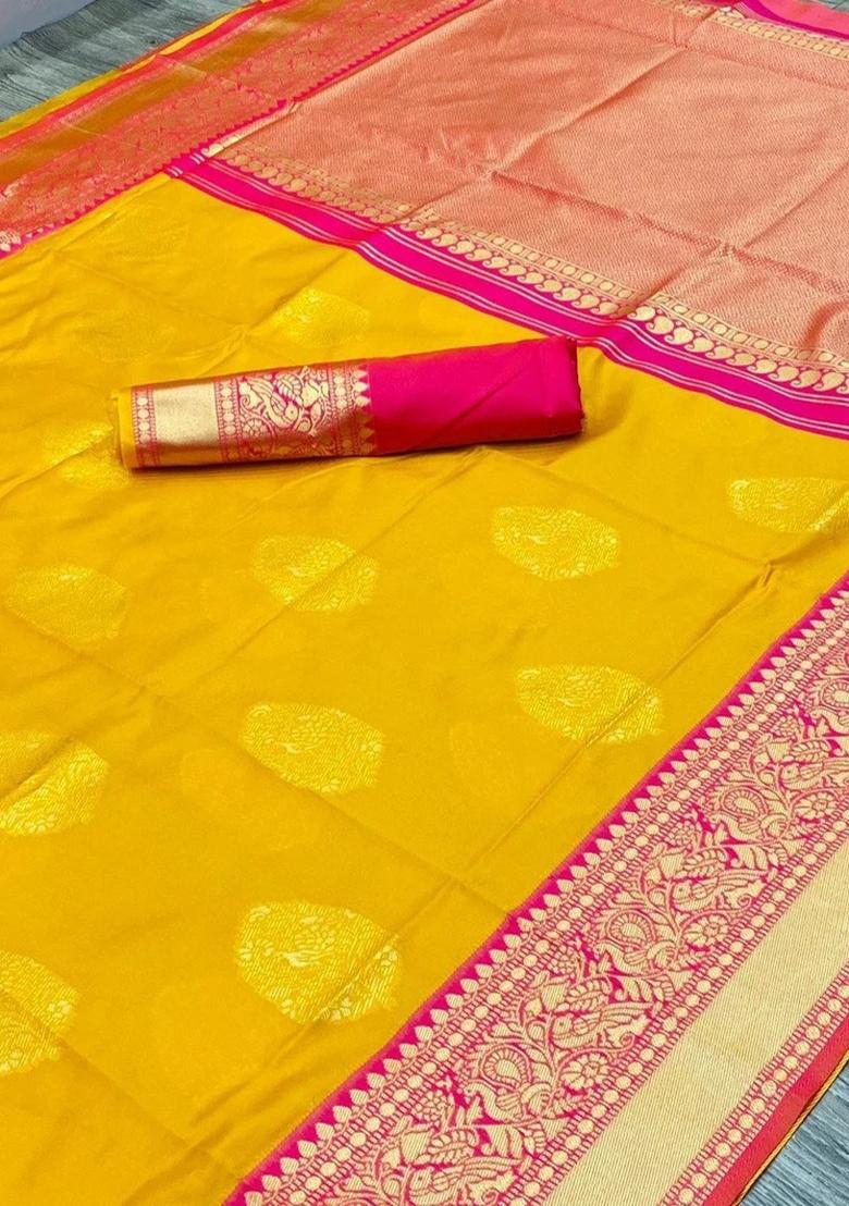 Mustard Jacquard Silk Blend Saree Set - Indya