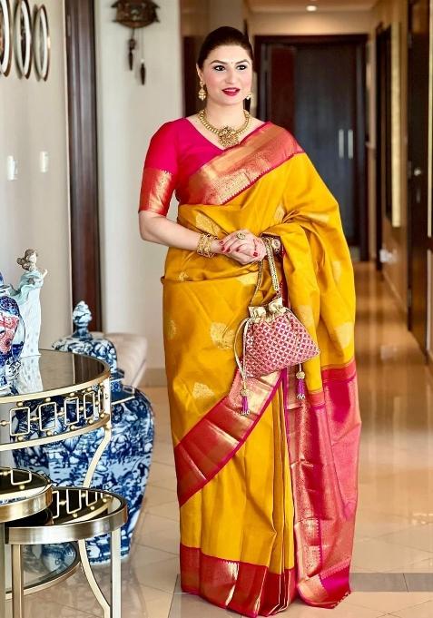 Mustard Jacquard Silk Blend Saree Set