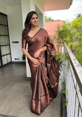 Brown Jacquard Silk Blend Saree Set