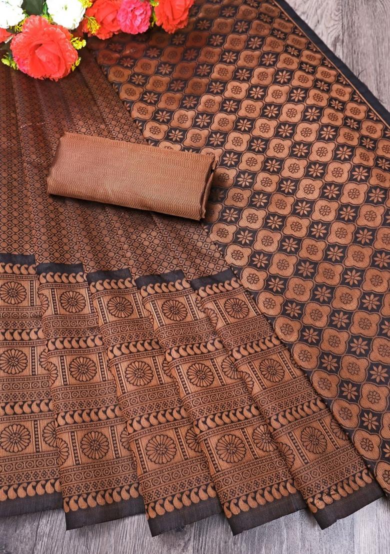 Brown Jacquard Silk Blend Saree Set - Indya