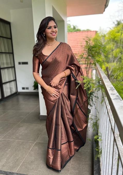 Brown Jacquard Silk Blend Saree Set