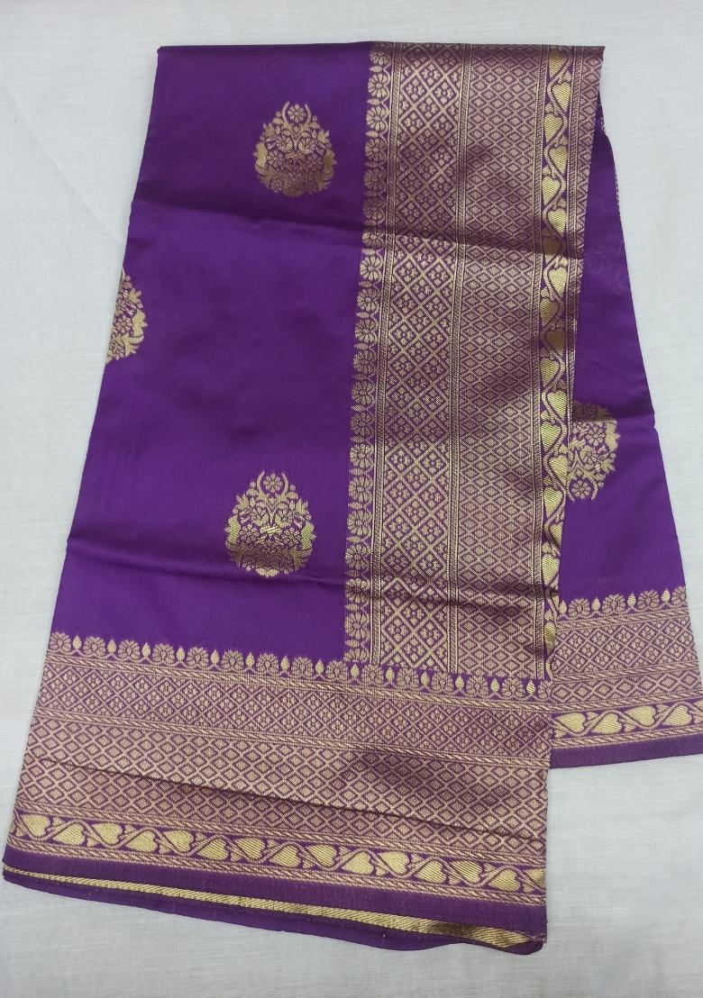 Purple Jacquard Silk Blend Saree Set - Indya