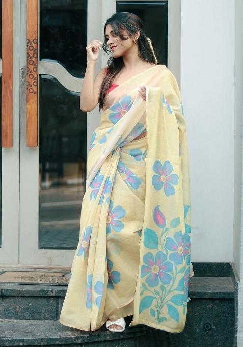 Yellow Printed Linen Saree Set