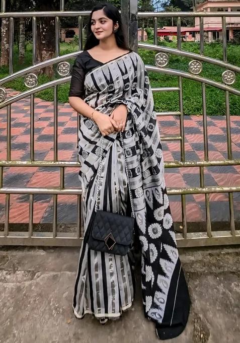White Printed Linen Saree Set
