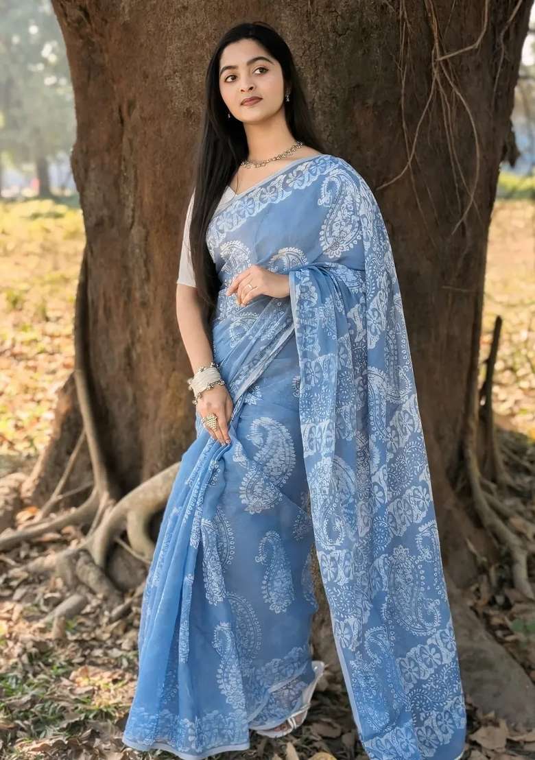 Light Blue Printed Linen Saree Set for Diwali and Festive Wear - Indya
