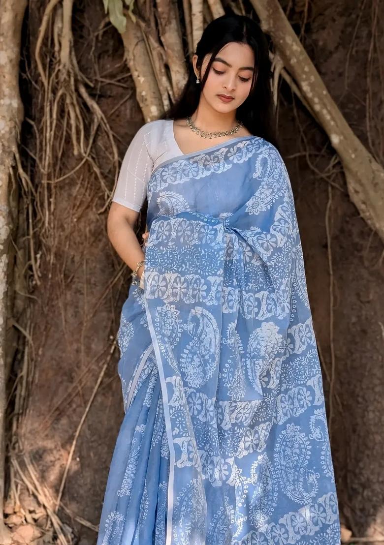 Light Blue Printed Linen Saree Set - Indya