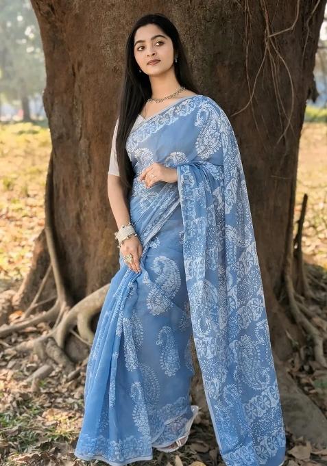 Light Blue Printed Linen Saree Set