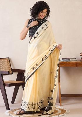 Cream Printed Linen Saree Set