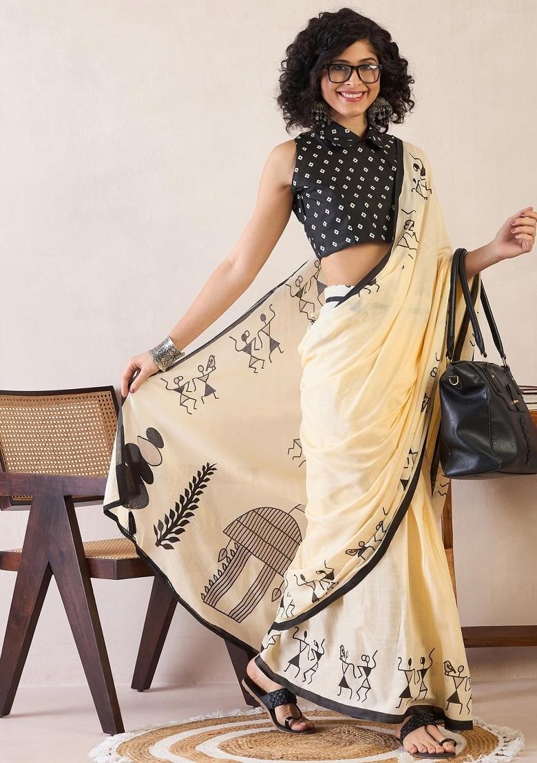 Cream Printed Linen Saree Set - Indya
