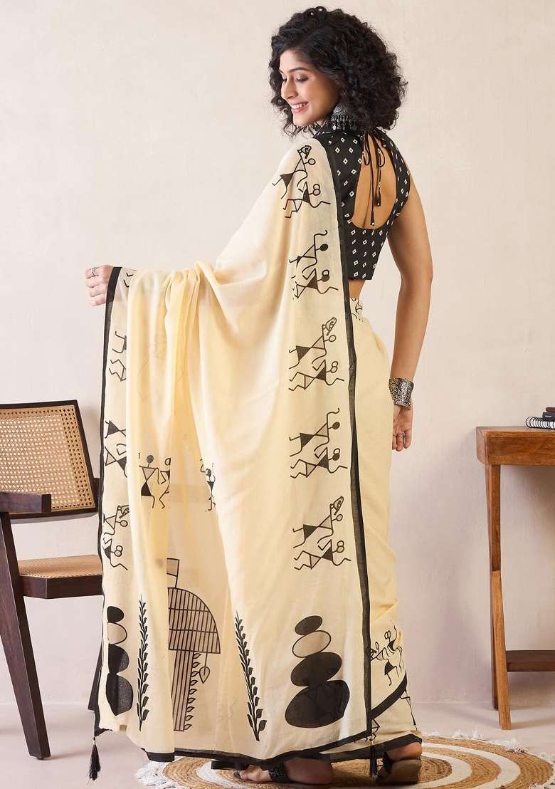 Cream Linen Saree Set with Printed for Diwali | Wedding & Festive Wear - Indya