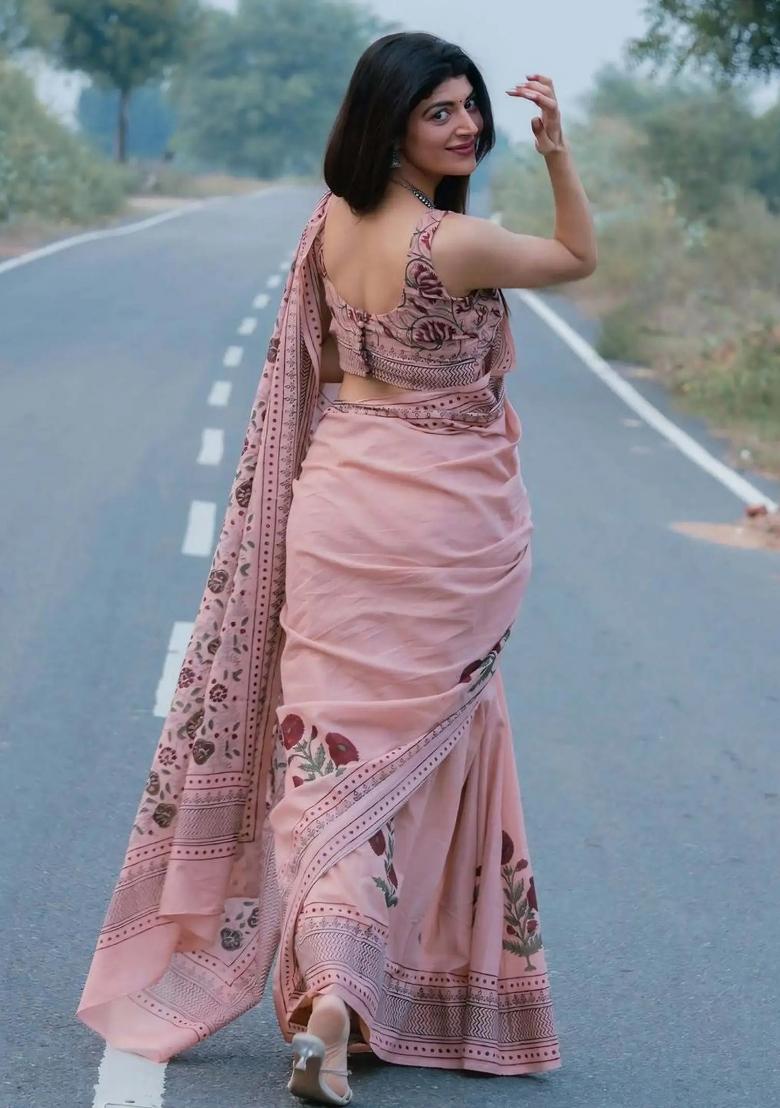 Pink Printed Linen Saree Set - Indya