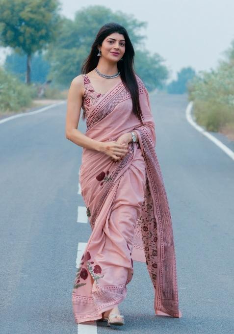 Pink Printed Linen Saree Set