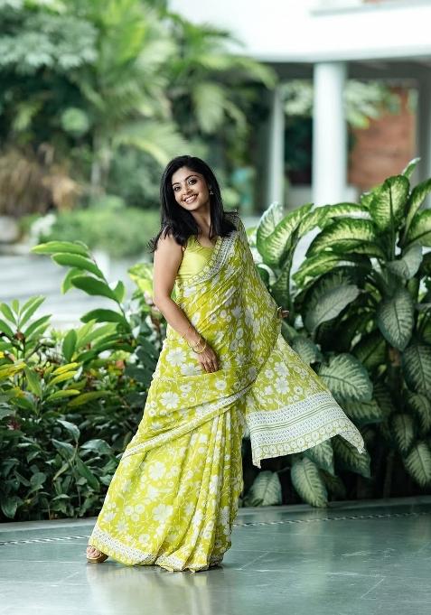 Lemon Yellow Printed Linen Saree Set