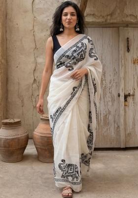 Off White Printed Linen Saree Set