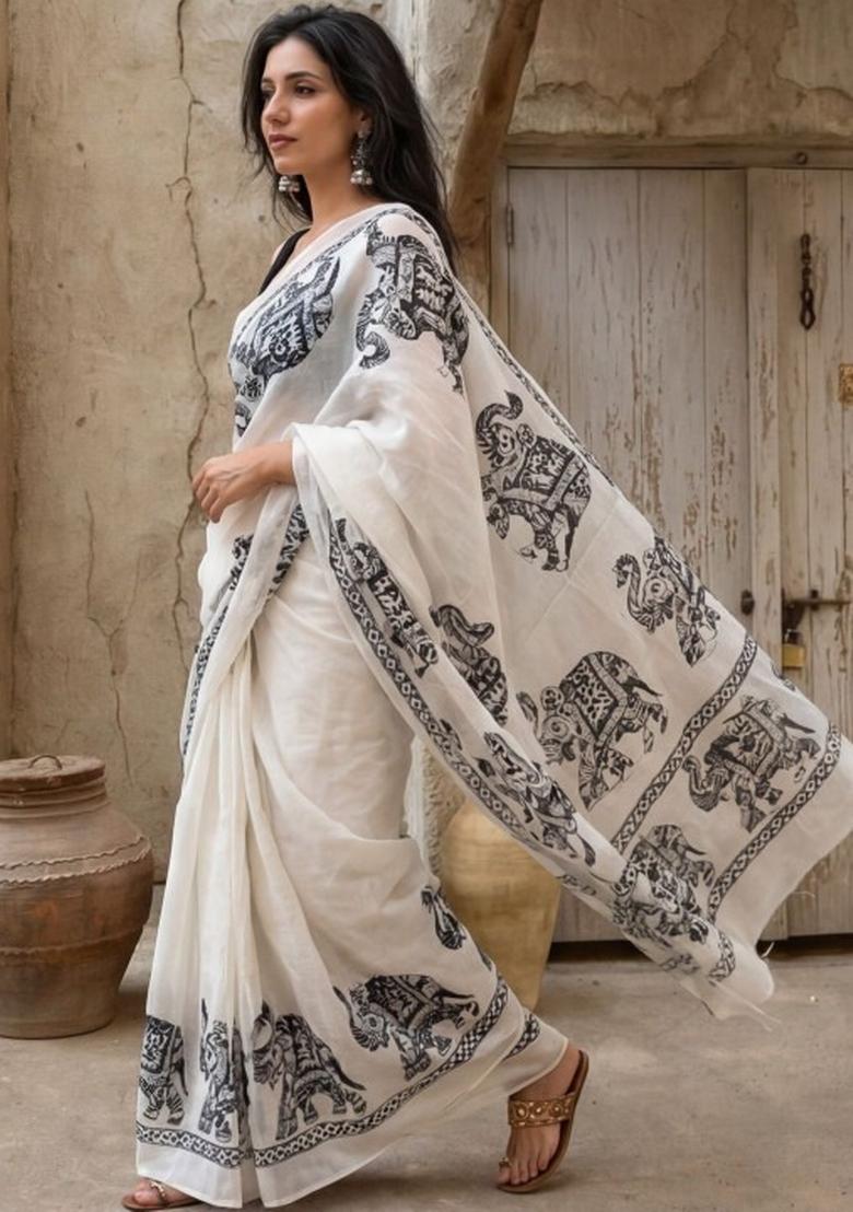Off White Printed Linen Saree Set - Indya