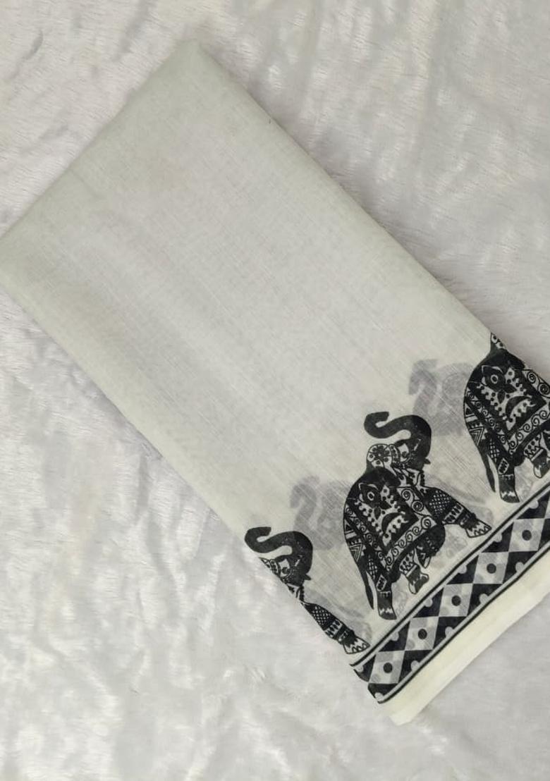 Off White Printed Linen Saree Set - Indya