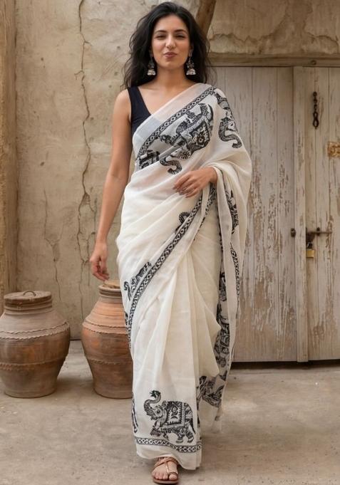Off White Printed Linen Saree Set