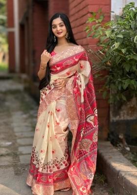Cream Printed Linen Saree Set