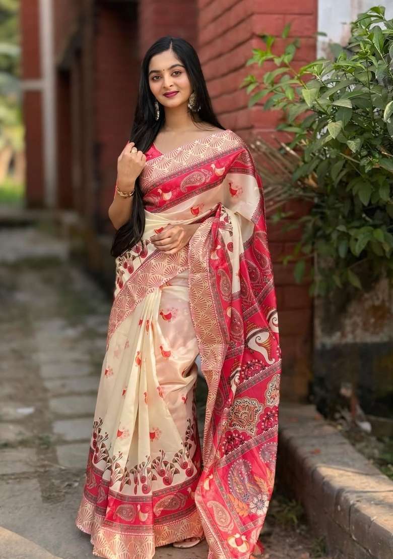 Cream Linen Saree Set with Printed for Diwali | Wedding & Festive Wear - Indya
